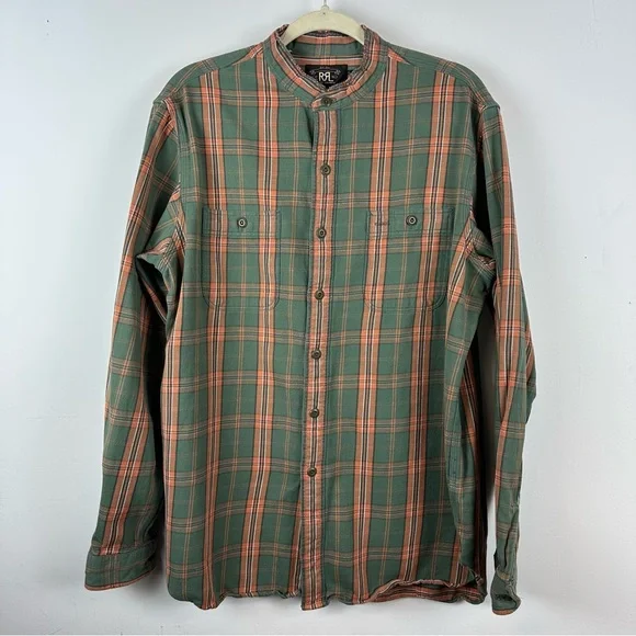 RRL Double RL Button Front Plaid Shirt Large Mock Neck - Picture 2 of 8